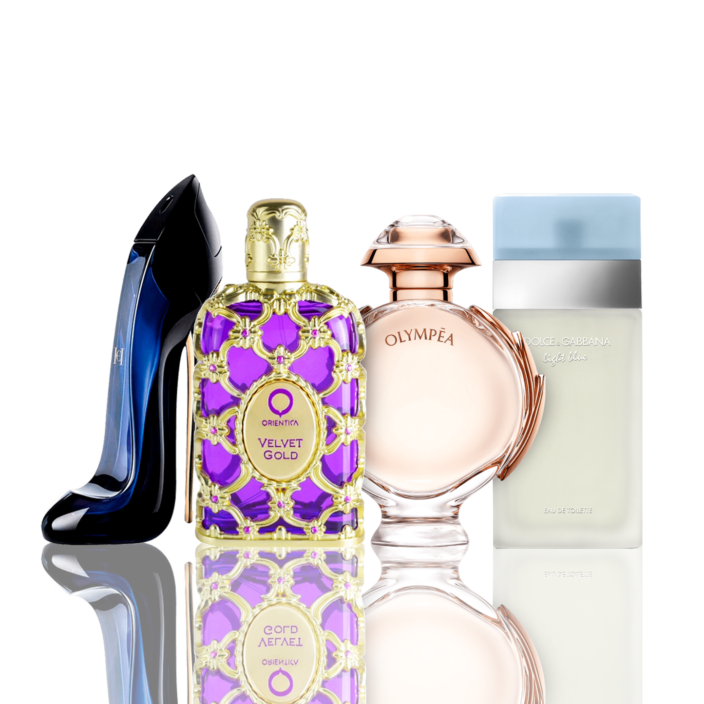 Zestaw 4 Perfumy - Light Blue + Orientica Velvet Gold + Good Girl + Olympea 100ML.
