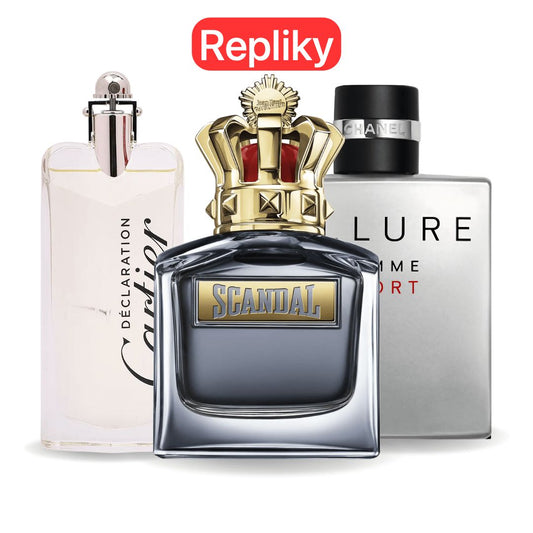 KIT 3 PARFÉMŮ KONTRATIPO (REPLIKY NEORIGINÁLNÍ) Inspirováno parfémy:Allure Homme Sports, Jean Paul Gaultier Scandal, Cartier Declaration 100ml