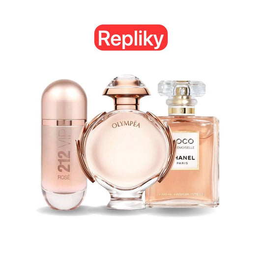 KIT 3 PARFÉMŮ KONTRATIPO (REPLIKY NEORIGINÁLNÍ) Inspirováno parfémy: Carolina Herrera 212 VIP ROSÉ, Paco Rabanne OLYMPÉA a Chanel COCO MADEMOISELLE 100 ml.